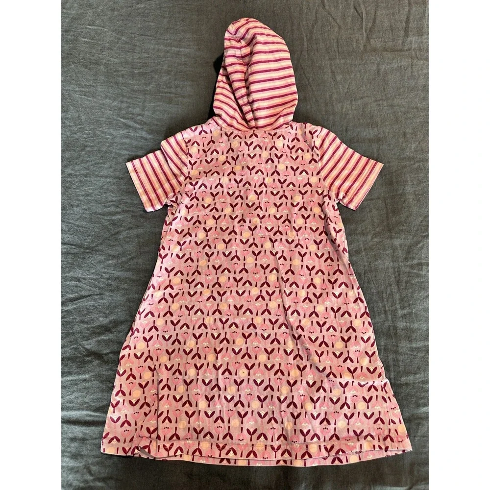 Hanna Andersson Kids Hoodie Dress‎ Pink Striped Short Sleeves Button 6-7YO 120cm